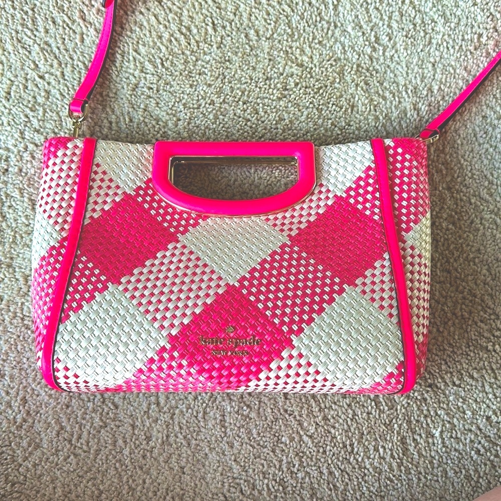 Kate Spade Alexia Gingham Woven Straw Clutch Crossbody, Wild Rose Pink